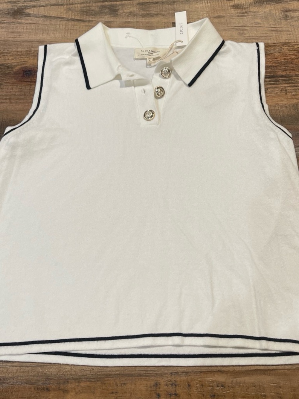 White Knit Sleeveless Polo Top with Black Trim and skirt set